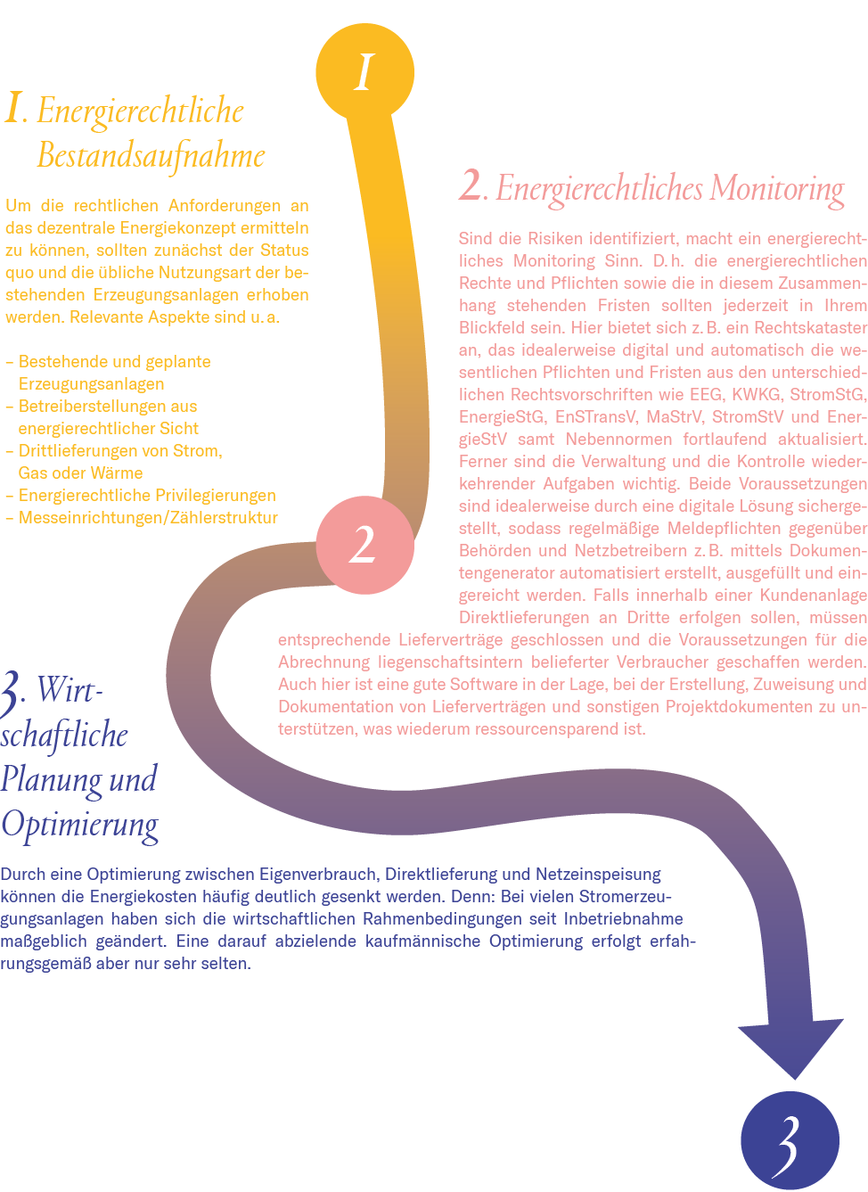 1. Energierechtliche Bestandsaufnahme, 2. Energierechtliches Monitoring, 3. Wirtschaftliche Planung und Optimierung