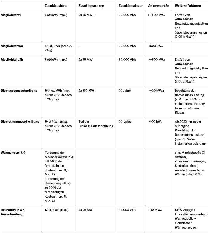Tabelle 2: Überblick über verschiedene Fördermöglichkeiten für KWK-Anlagen
